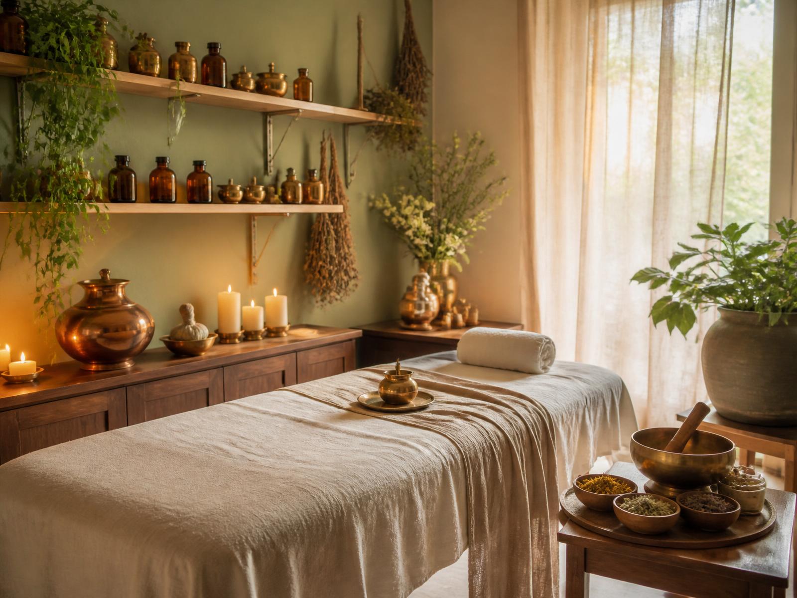 Ayurvedic treatment room with warm candlelight, copper vessels, and cream linen